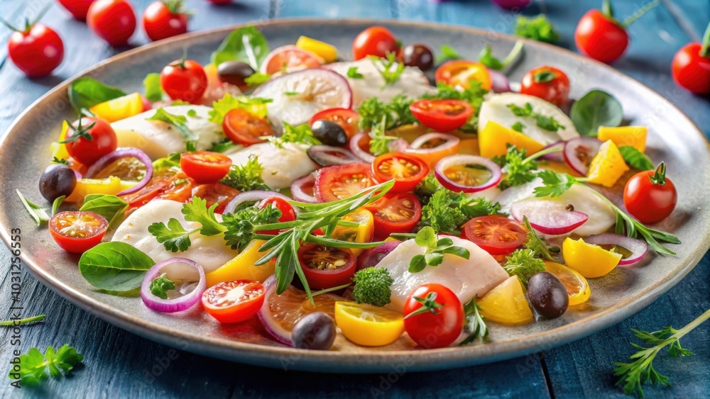 Fresh and colorful carpaccio cod salad with fresh vegetables and herbs, cod, salad, carpaccio, seafood, healthy, fresh Fresh and colorful carpaccio cod salad with fresh vegetables and herbs, cod, salad, carpaccio, seafood, healthy, fresh