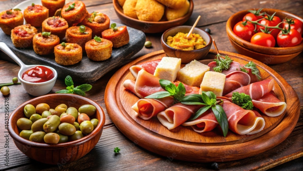 Spanish tapas assortment including patatas bravas, jamon serrano, croquettes, and olives, Spanish Spanish tapas assortment including patatas bravas, jamon serrano, croquettes, and olives, Spanish