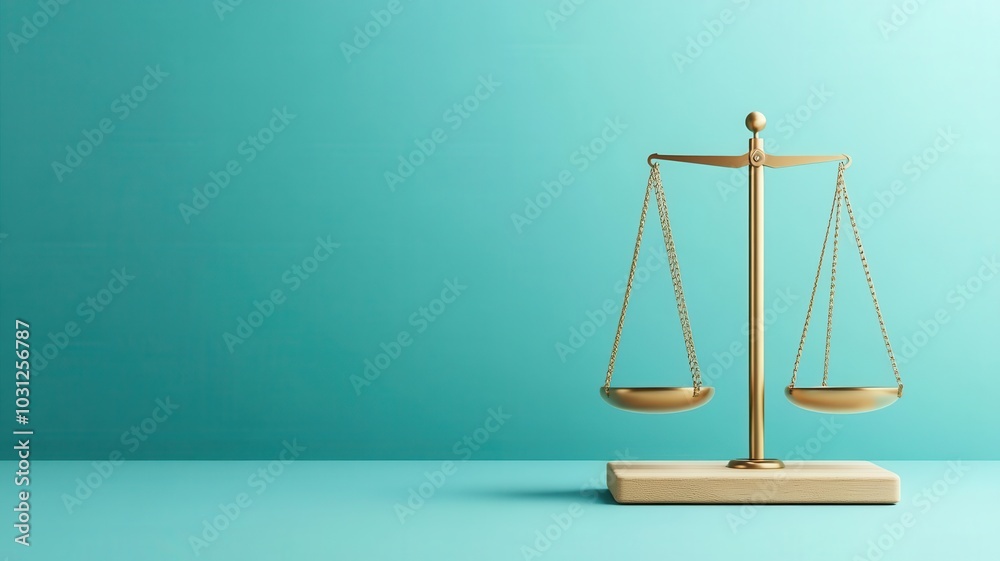 A golden scale of justice rests on a turquoise background, symbolizing balance, fairness, and equality in law. A golden scale of justice rests on a turquoise background, symbolizing balance, fairness, and equality in law.
