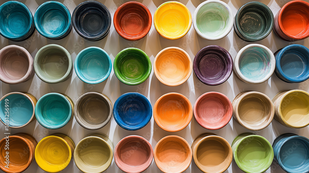 the image displays an array of paint pots the image displays an array of paint pots
