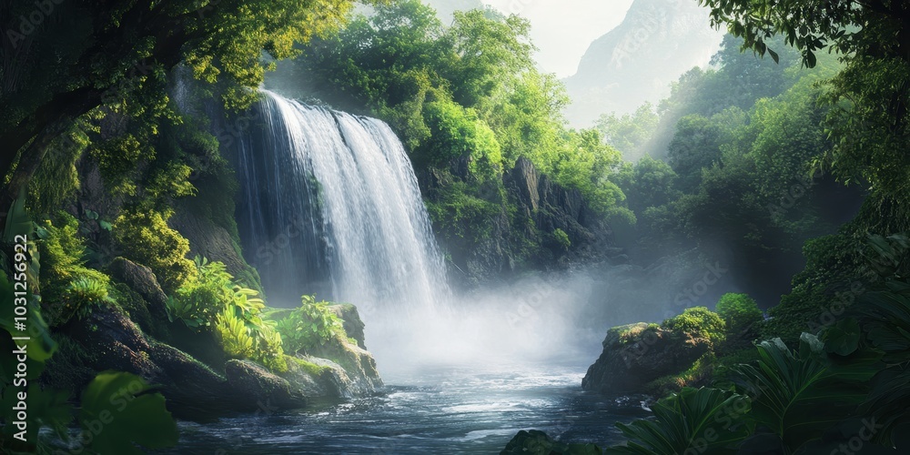 Naklejka premium Lush rainforest with a misty waterfall.