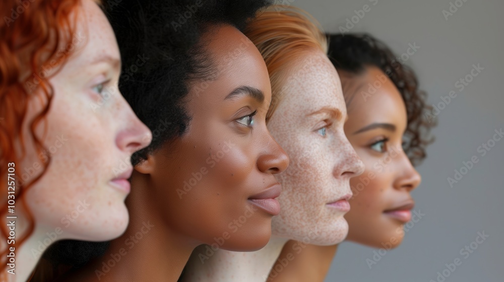 5 women of different ages, each with healthy and radiant skin, standing side by side in profile smiling softly against a light grey background