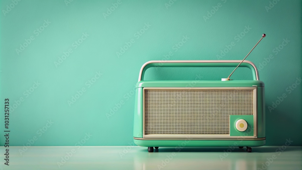 Obraz premium Vintage mint green radio on monochrome background, retro, vintage, mint green, radio, technology, antique, old-fashioned
