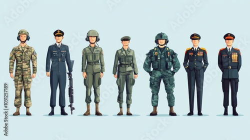 Armed forces characters vector set, featuring soldiers, pilots, and officers in detailed uniforms, modern style photo