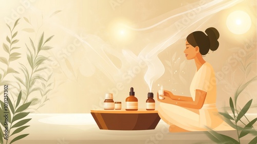 Aromatherapy vector illustration, showing a person using essential oils, surrounded by calming mist and soft lighting photo