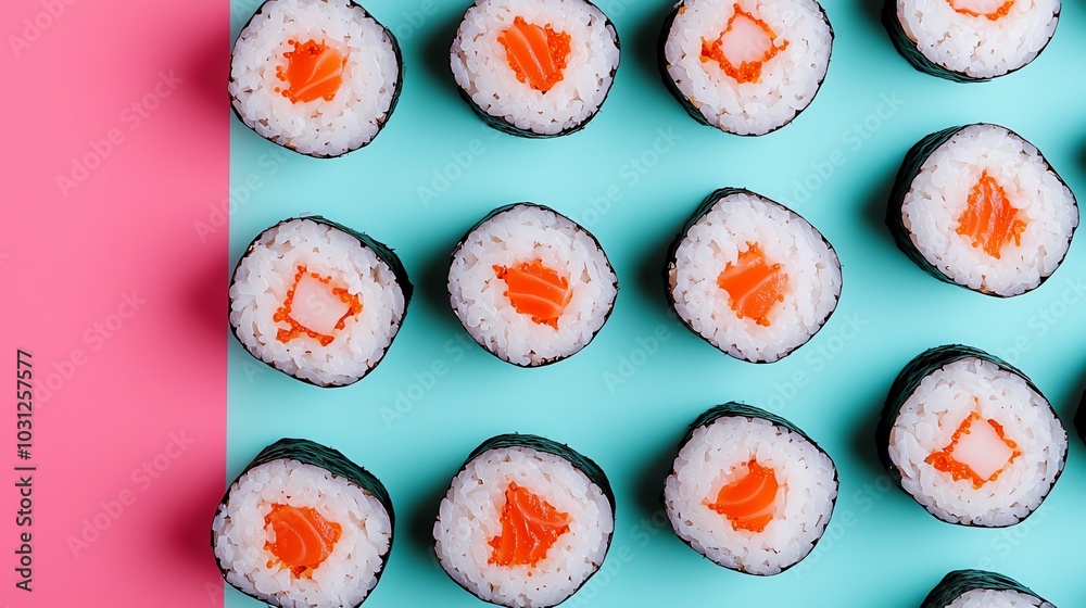 A conveyor belt with perfectly arranged sushi rolls, overhead shot, vibrant lighting A conveyor belt with perfectly arranged sushi rolls, overhead shot, vibrant lighting