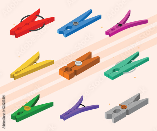 Isometric icons of clothespins and laundry-related items.