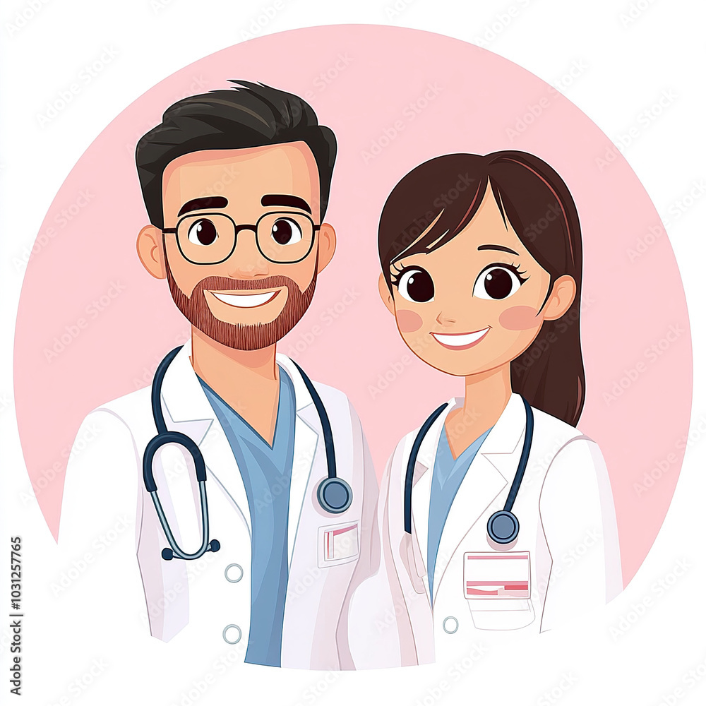 Cute cartoon-style, vector illustrated male doctors and female nurses standing together in white coats Cute cartoon-style, vector illustrated male doctors and female nurses standing together in white coats