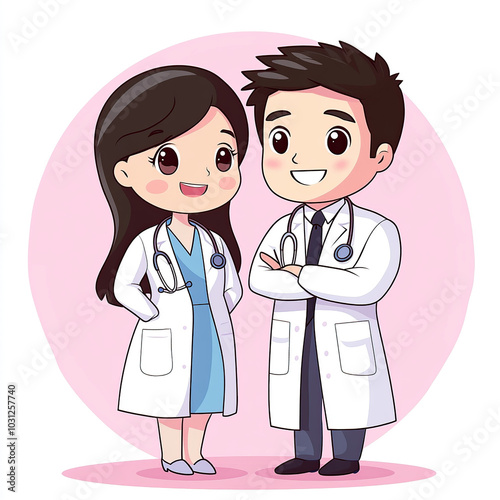 Cute cartoon-style, vector illustrated male doctors and female nurses standing together in white coats