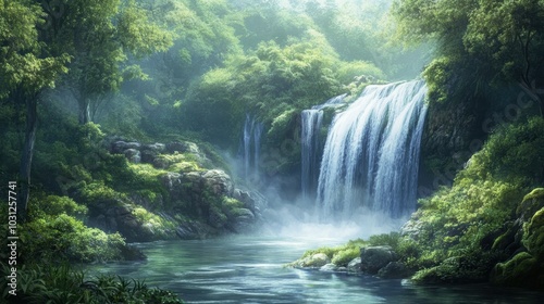 Tranquil waterfall cascading through lush forest.