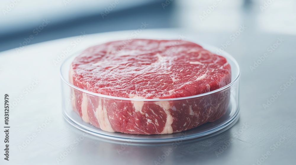 Labgrown steak in a petri dish, illuminated by bright lab lights, macro shot Labgrown steak in a petri dish, illuminated by bright lab lights, macro shot