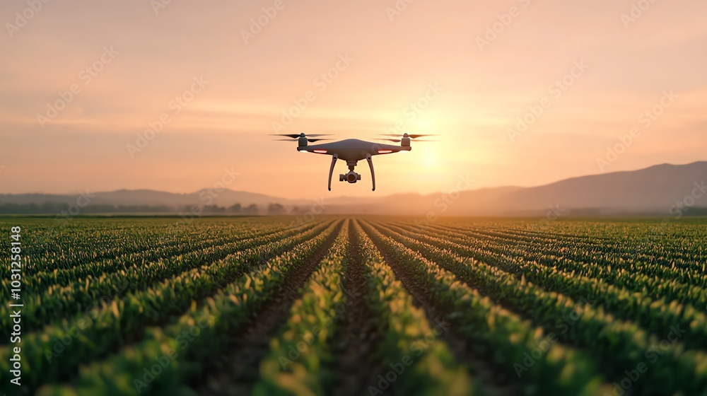 Smart farming drone monitoring crops in a vast field, afternoon sunlight, wideangle shot Smart farming drone monitoring crops in a vast field, afternoon sunlight, wideangle shot