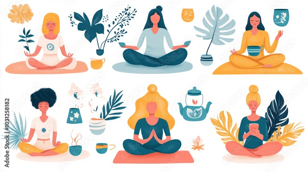 Calming activities vector set, including meditation, tea time, and deep breathing exercises, soothing and gentle style Calming activities vector set, including meditation, tea time, and deep breathing exercises, soothing and gentle style