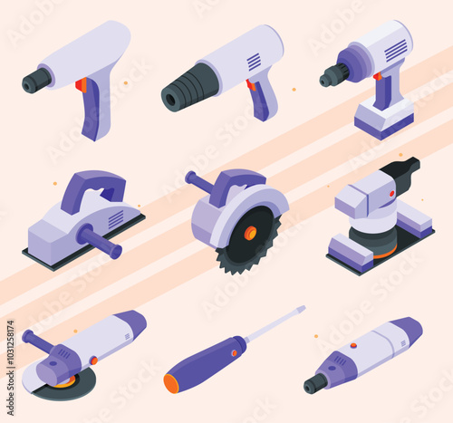 Isometric icons showing various construction power tools.
