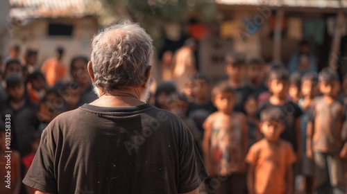 Back view of an old man wearing a black t-shirt standing in front of many children and men at a refugee camp