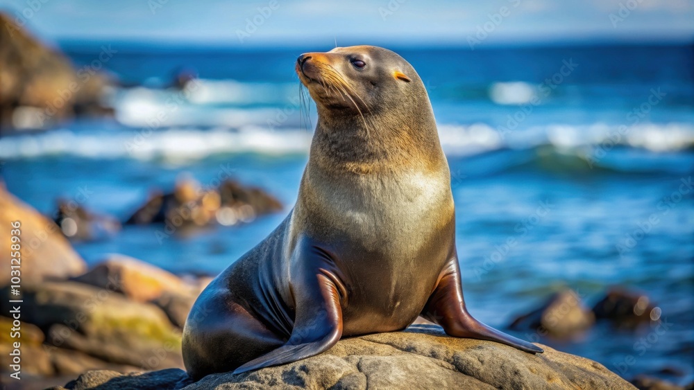 Fototapeta premium Fur seal basking in the sun on a rocky shore, seal, animal, wildlife, sunny, beach, rocks, coast, heat, relaxing, fur