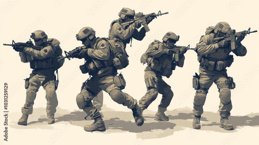 Combat unit illustration in vector format, showing soldiers in tactical gear, detailed and engaging action poses Combat unit illustration in vector format, showing soldiers in tactical gear, detailed and engaging action poses
