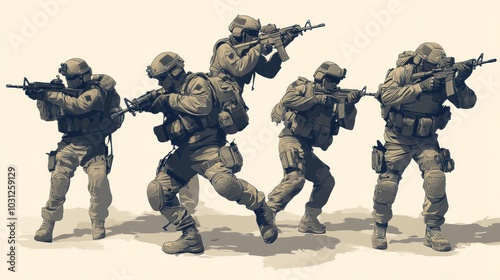 Combat unit illustration in vector format, showing soldiers in tactical gear, detailed and engaging action poses