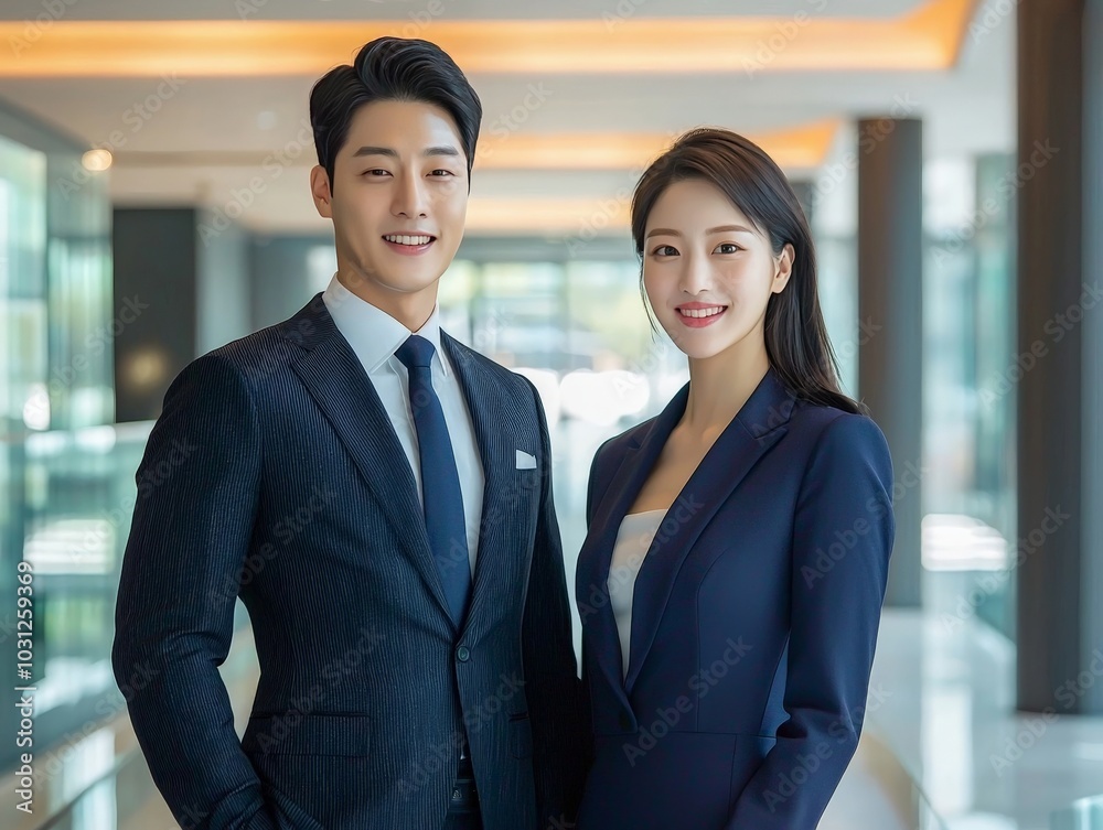 A high-quality image of a Korean man and woman, dressed in stylish business attire, standing in a sleek, modern building lobby. A high-quality image of a Korean man and woman, dressed in stylish business attire, standing in a sleek, modern building lobby.