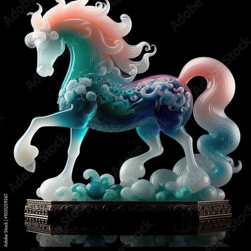 A glass sculpture of a beautiful chinese horse, gradient of teal, pink, and white, black background photo