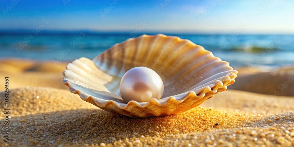 Pearl resting inside a shell on a sandy beach background, pearl, shell, beach, sand, nature, relaxation, tropical Pearl resting inside a shell on a sandy beach background, pearl, shell, beach, sand, nature, relaxation, tropical