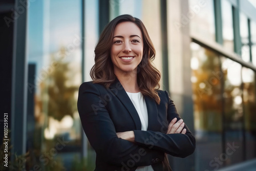 A confident businesswoman stands in front of an office building