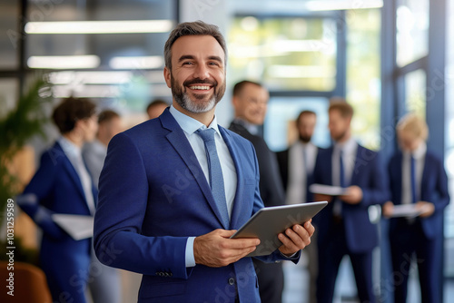 Smiling businessman holding a tablet