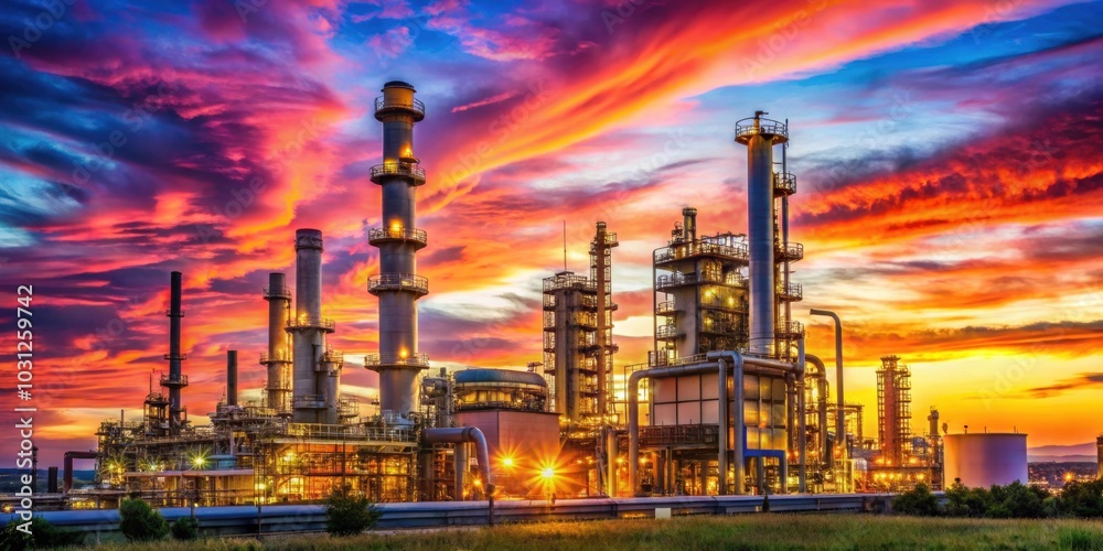 Oil and gas refinery plant with a colorful sky sunset background, oil, gas, refinery, plant, petrochemical, industry, sunset Oil and gas refinery plant with a colorful sky sunset background, oil, gas, refinery, plant, petrochemical, industry, sunset