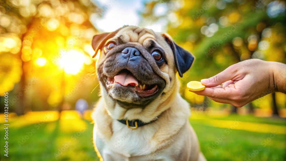 Funny pug dog happily taking a treat from owner at the local park, pug, dog, funny, face, treat, good behavior, owner, cute, park Funny pug dog happily taking a treat from owner at the local park, pug, dog, funny, face, treat, good behavior, owner, cute, park