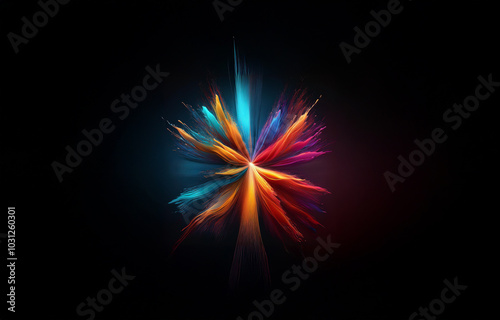 Abstract colorful lines radiating outwards from a central point on a dark background.