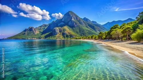 Beautiful beach destination in Turkey with crystal clear waters and a stunning mountain backdrop, icmeler, turkey