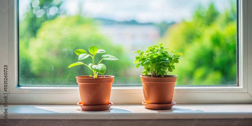 Two small green plants in pots on a windowsill, green, plants, pots, small, indoor, decor, foliage, nature, home Two small green plants in pots on a windowsill, green, plants, pots, small, indoor, decor, foliage, nature, home