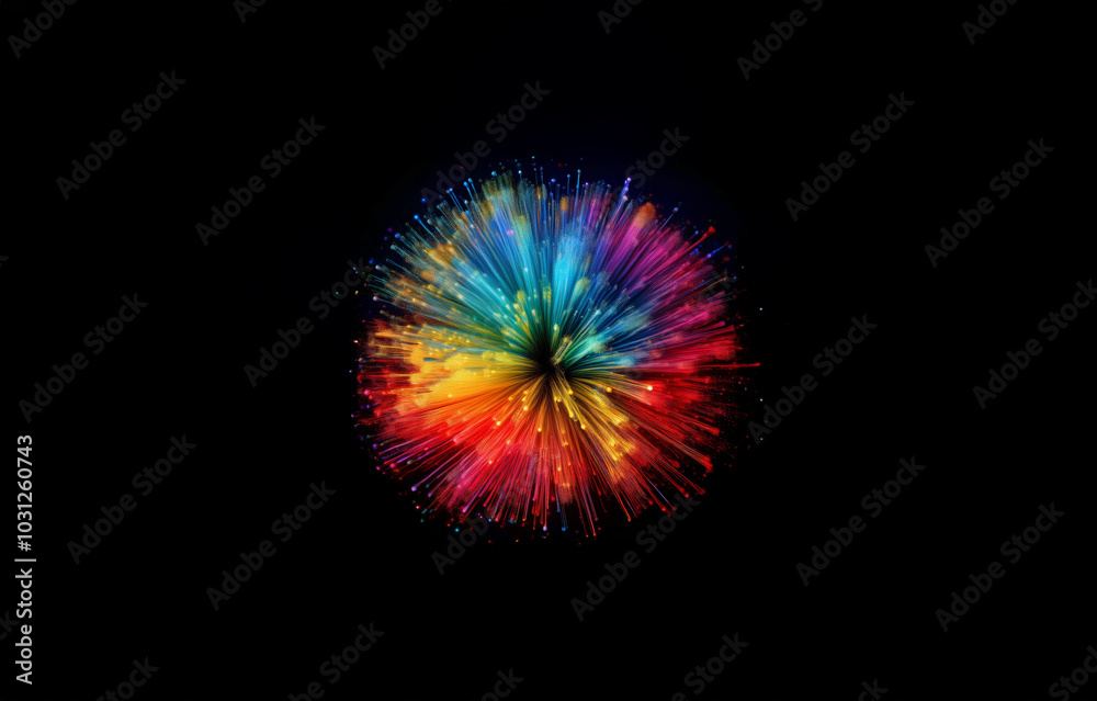 A vibrant burst of colorful light rays radiating outwards from a central point on a black background. A vibrant burst of colorful light rays radiating outwards from a central point on a black background.