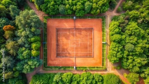 Aerial view of a tennis clay court surrounded by green trees , sports, tennis, clay court, competition, game, leisure, recreation