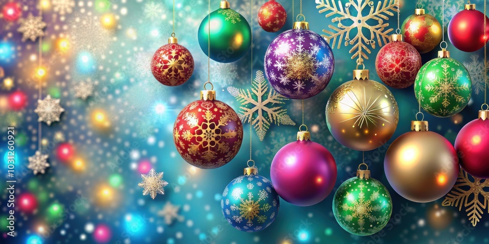 Christmas background with colorful balls and intricate snowflakes , Christmas, background, balls, snowflakes, festive, holiday Christmas background with colorful balls and intricate snowflakes , Christmas, background, balls, snowflakes, festive, holiday