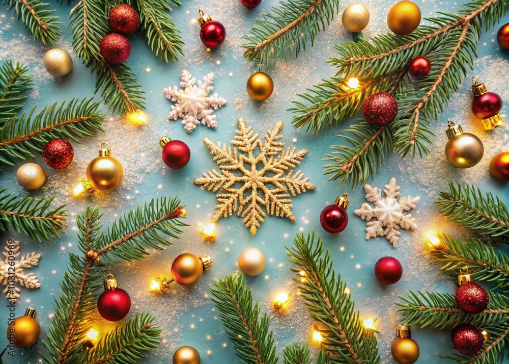 Aerial View of Snowflakes on a Festive Christmas Background for Holiday Cards Aerial View of Snowflakes on a Festive Christmas Background for Holiday Cards
