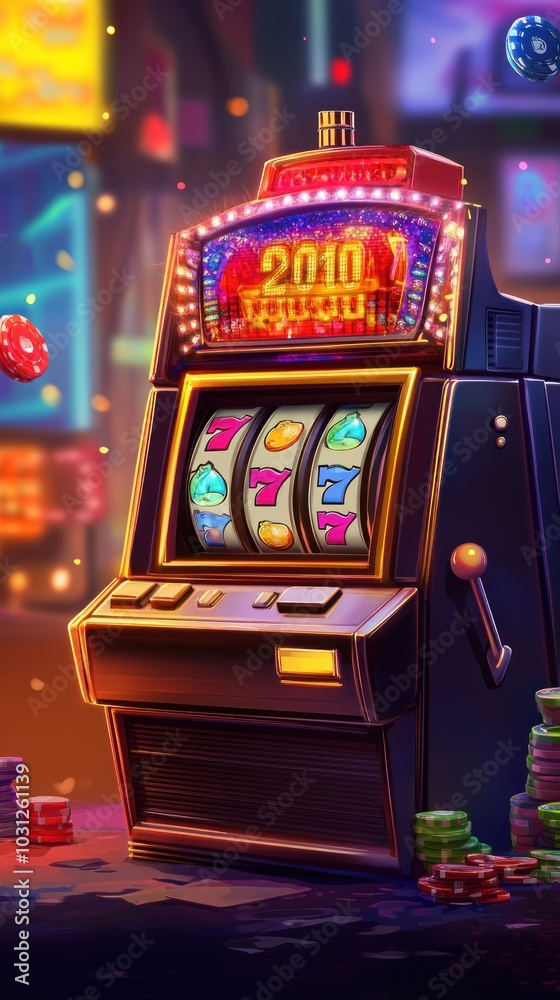 Detailed illustration of a slot machine in a classic design, with colorful reels and a big jackpot win display Detailed illustration of a slot machine in a classic design, with colorful reels and a big jackpot win display