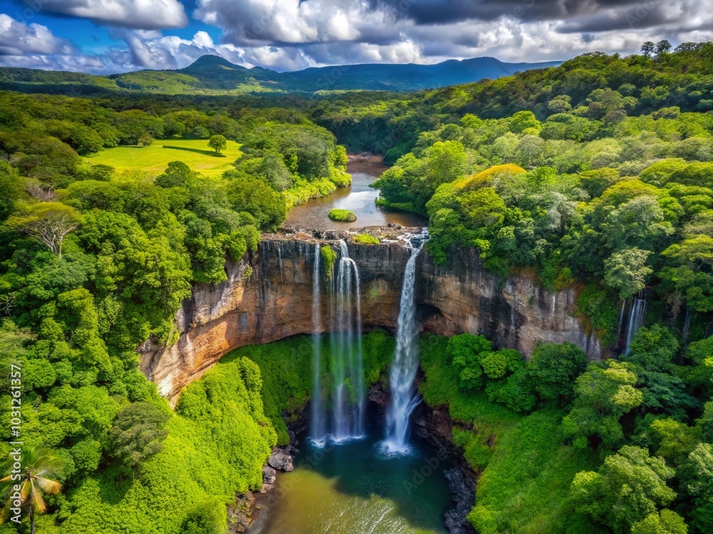 Fototapeta premium Aerial View of Tamarind Falls in Mauritius - Lush Jungle and Cascading Waters