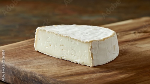 A wedge of Gouda goat cheese, showcasing its smooth texture and white color. This Dutch cheese is known for its mild, tangy flavor, making it perfect for gourmet dishes and cheese boards.