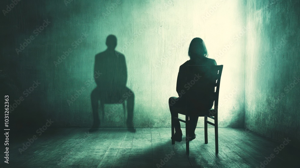 A person sits on an empty chair in an empty room with a mystical aura that is gripping, a faint double shadow is seen showing his presence and is creepy A person sits on an empty chair in an empty room with a mystical aura that is gripping, a faint double shadow is seen showing his presence and is creepy