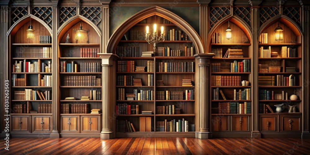 Front view of a bookshelf with books in the interior of a gothic home, bookshelf, books, gothic home, interior, antique, dark Front view of a bookshelf with books in the interior of a gothic home, bookshelf, books, gothic home, interior, antique, dark