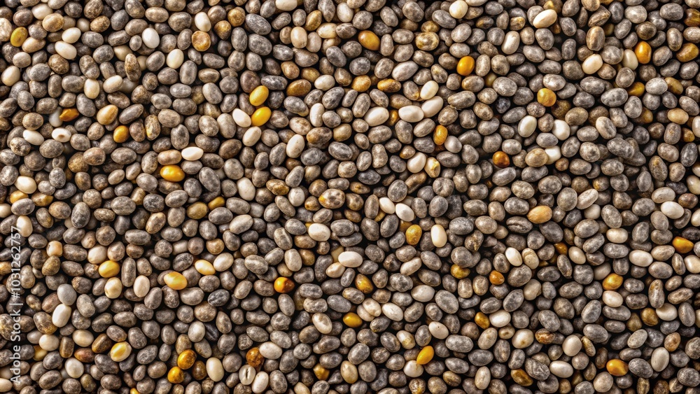 Close-up top view of chia seeds, showcasing their texture and healthy superfood properties, superfood, chia seeds Close-up top view of chia seeds, showcasing their texture and healthy superfood properties, superfood, chia seeds