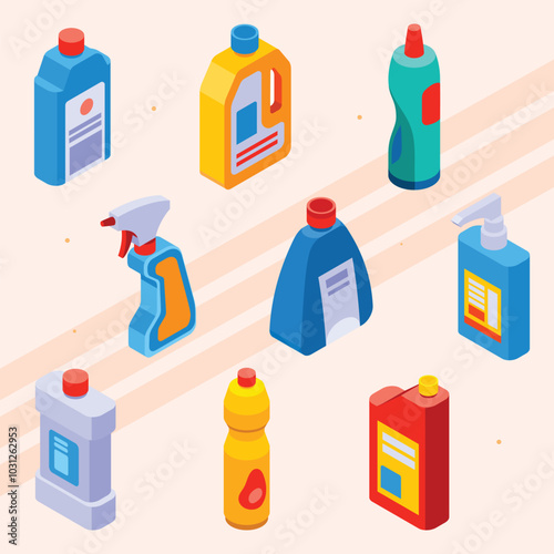 Isometric icons featuring different types of detergents and cleaning supplies.