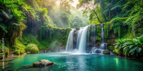 Serene waterfall surrounded by lush greenery, mist rising from plunge pool below, serene, waterfall, lush, greenery, mist