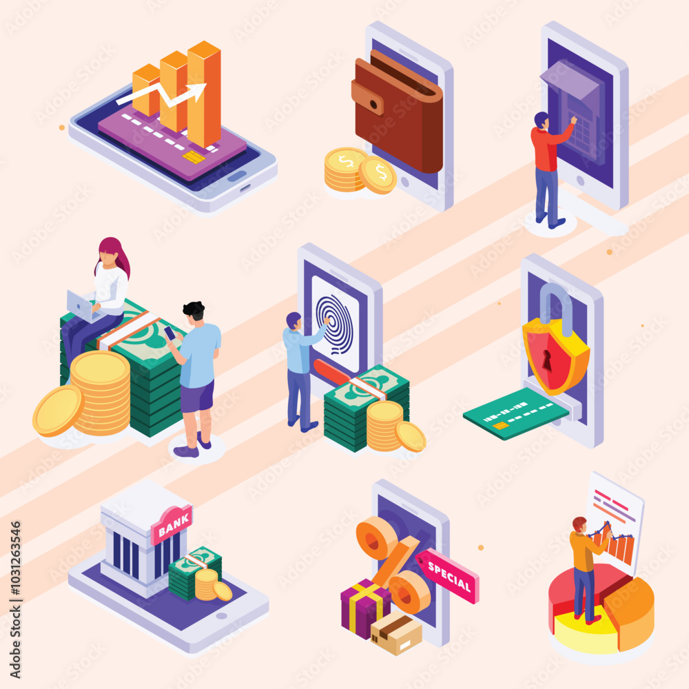 Isometric icons representing digital banking and online financial services. Isometric icons representing digital banking and online financial services.