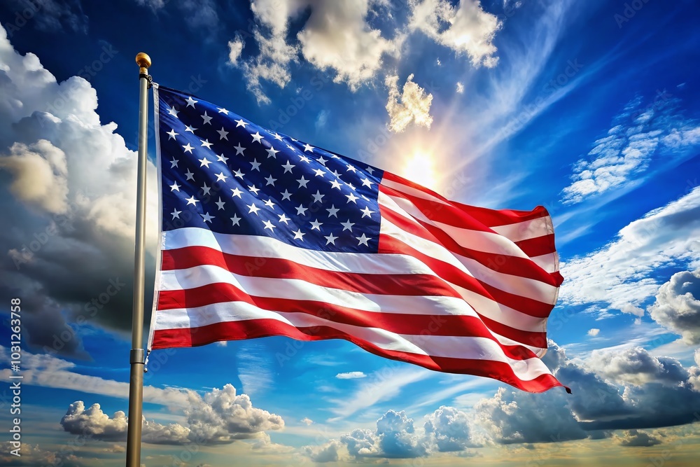 Obraz premium American Flag Majestically Waving Against a Clear Blue Sky in Macro Photography