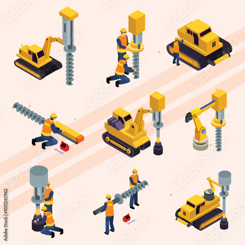 Isometric icons of engineers using drilling equipment and tools.
