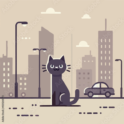 cartoon of a stray cat in a city setting