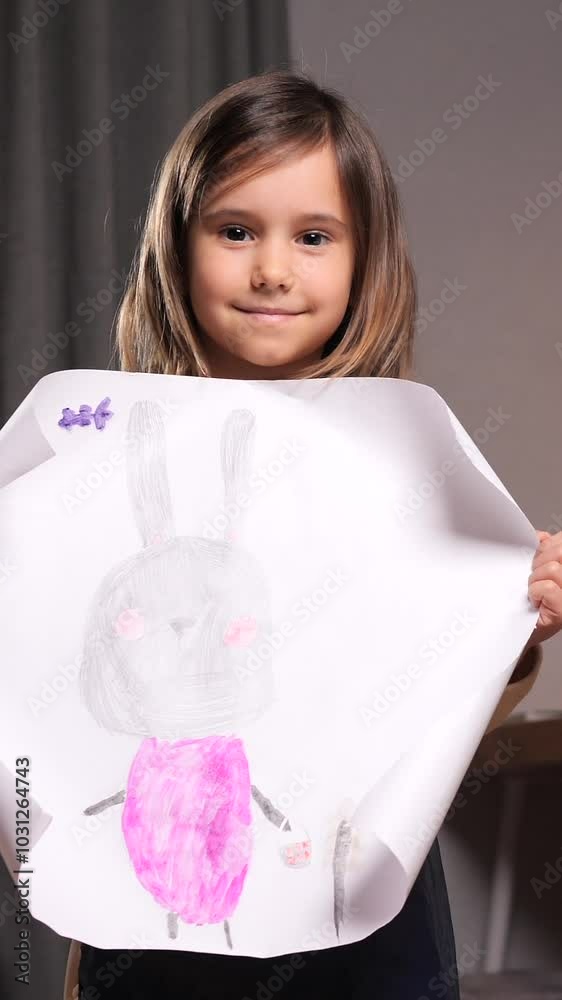 vertical video little girl proudly displaying her colorful rabbit drawing vertical video little girl proudly displaying her colorful rabbit drawing