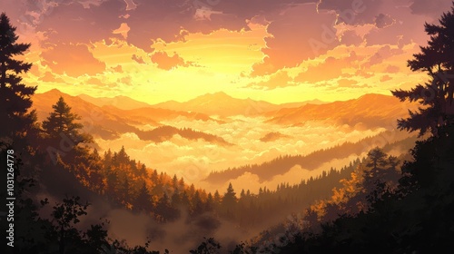 A scenic view of a mountain range with a misty valley below bathed in the golden light of the setting sun.